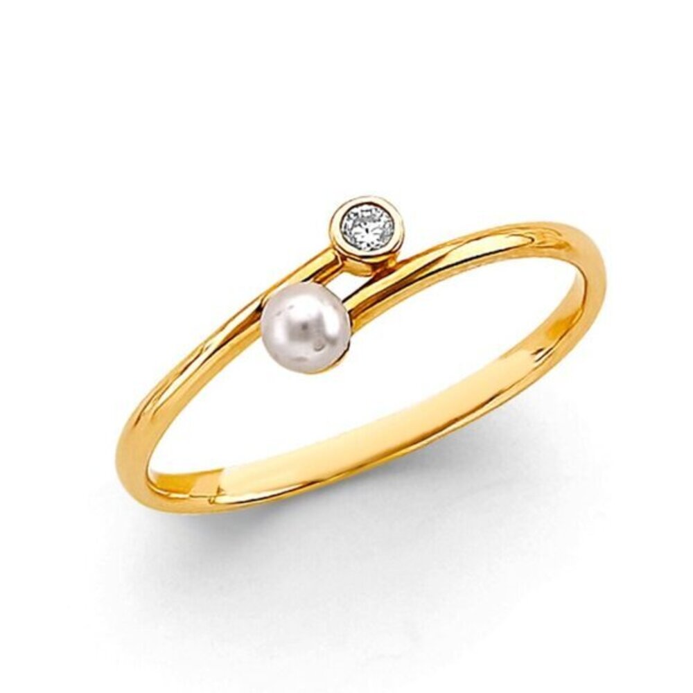 New Dainty Real 14K Yellow Gold CZ and  Pearl Ring​